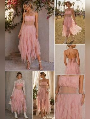 Blue Velvet Blush Pink Sheer Ruffle Tulle Dress Fairycore Layered Midi Sz L